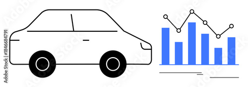 Car outline paired with bar chart and line graph, conveying data analysis, transportation, and economy trends. Ideal for technology, analytics, automotive, business growth, economy innovation