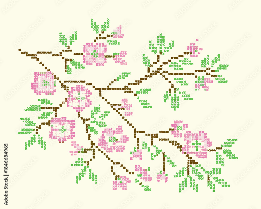Fototapeta premium Delicate pixel art floral branch with pink blossoms and green leaves