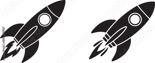 Rocket silhouette in black and white, space launch vehicle icon isolated on white background