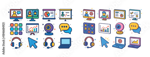 Colorful digital communication and online learning icons set