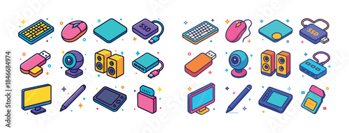 Colorful technological gadgets: usb, mouse, ssd, webcam, monitor