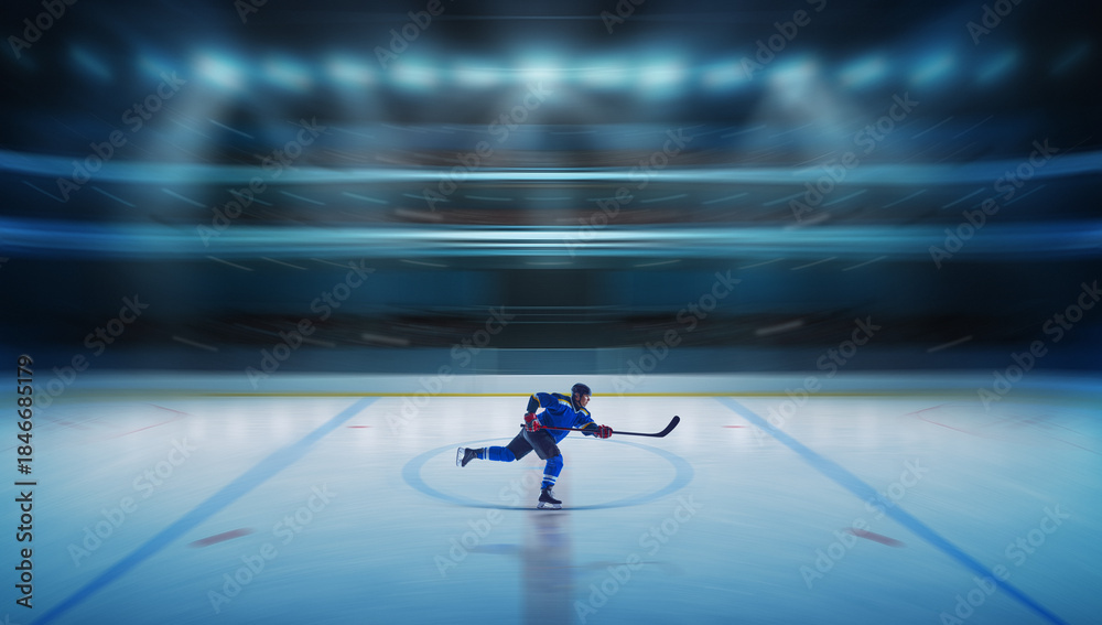 Fototapeta premium Ice hockey player skating fast across arena rink with motion blur design. Concept of team sport dynamics, coordination, operational efficiency and leadership for business and media content.
