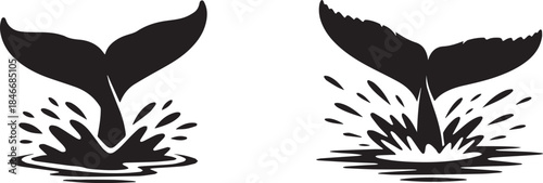Whale tail diving silhouette, black vector illustration of whale fluke emerging from water, isolated design for ocean, wildlife, and marine nature concepts