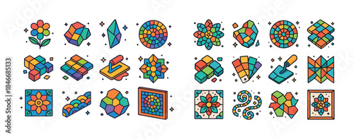 Geometric mosaic patterns and tools in vibrant colors