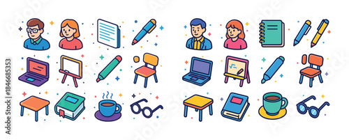 Colorful school supplies and cartoon students with educational t