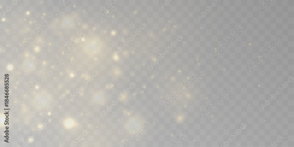 Obraz premium Golden dust particles drift through blurred bokeh with sparkle, glitter, shimmer, and gentle glow, filled with twinkle, sparks, radiant highlights for Christmas and New Year. PNG vector illustration.