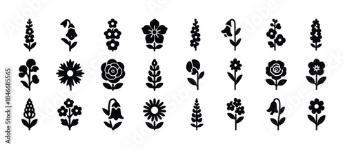 Collection of 24 black silhouette flowers on white background