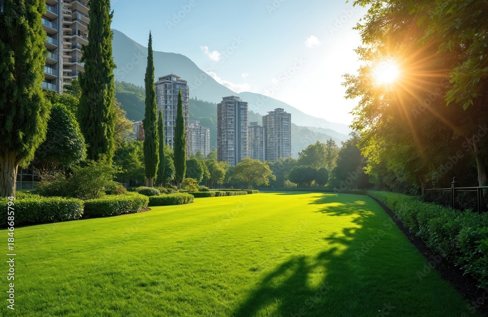 Naklejka premium Apartment buildings rise behind manicured lawns and tall green trees. Sunlight streams through foliage onto lush green grass. Mountains form a backdrop for this modern city park.