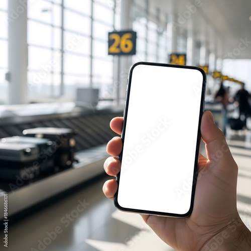 Airport Travel Smartphone Mockup - Hand Holding Phone with Terminal Background for Flight Booking Apps, Travel Agency Marketing and Journey Planning Content