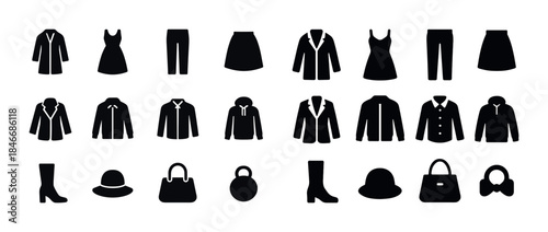 Set of silhouette clothing icons: coats, dresses, pants, skirts,