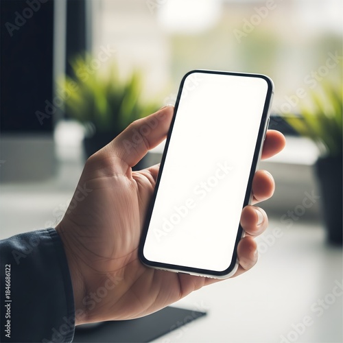 Hand Holding Smartphone in Office Background Mockup