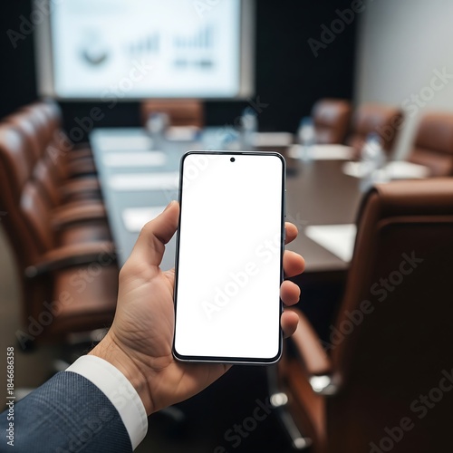 On Corporate Meeting Hand Holding Smartphone Mockup with Blurred Background