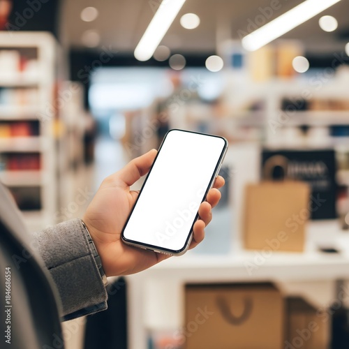 Retail Store Shopping Hand Holding Smartphone Mockup