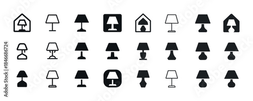 Set of 20 minimalist lamp icons in various styles and shapes