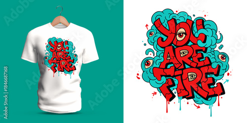 Vector T-shirt illustration featuring bold graffiti lettering reading “YOU ARE FIRE,” designed with swirling teal smoke shapes, dripping paint, and dynamic street-art style expressing intensity