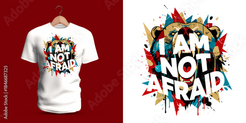 Vector T-shirt illustration featuring the bold graffiti phrase “I AM NOT AFRAID,” created with explosive geometric shapes, sharp outlines, and powerful street-art patterns expressing courage