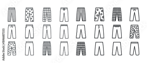 Variety of pants and shorts black and white icon set