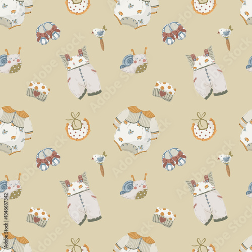 Newborn baby clothes seamless pattern, hand-drawn vector background with cute vintage rompers, bibs, and rattles in delicate pastel colors for textile and fabric design.
