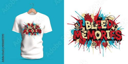 Vector T-shirt artwork with emotional graffiti lettering “I BLED memories,” illustrated with bleeding heart elements, textured strokes, and dramatic color effects portraying pain, vulnerability