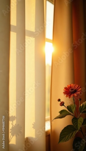 Beige curtain, floral shadows, sunset light, foliage silhouette , backdrop, romantic, autumn