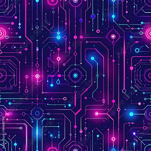Abstract Neon Circuit Board Pattern in Pink, Purple, and Teal