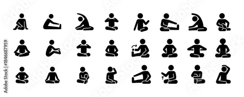 Set of stick figure yoga poses illustrating various stretching e