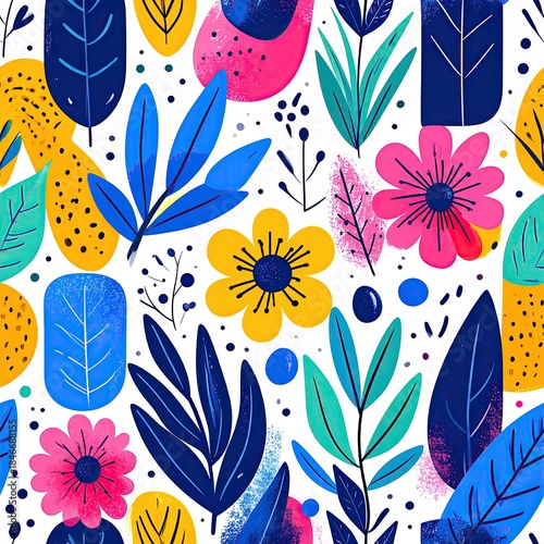 Vibrant Floral Pattern with Blue Leaves, Pink and Yellow Flowers on White Background