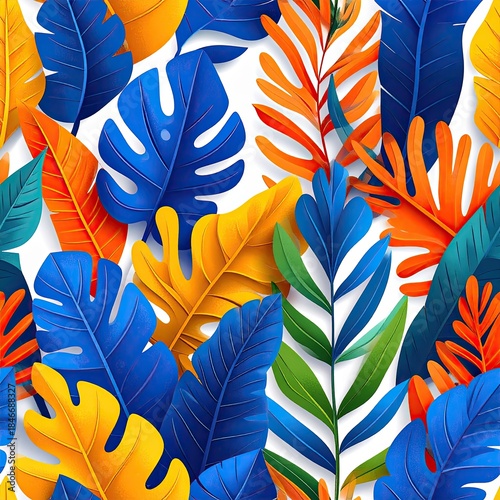 Tropical Leaves Pattern, Seamless Background with Blue, Orange and Yellow Foliage