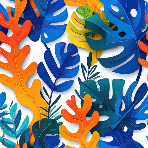 Tropical Leaves Pattern, Seamless Background with Blue, Orange and Yellow Foliage