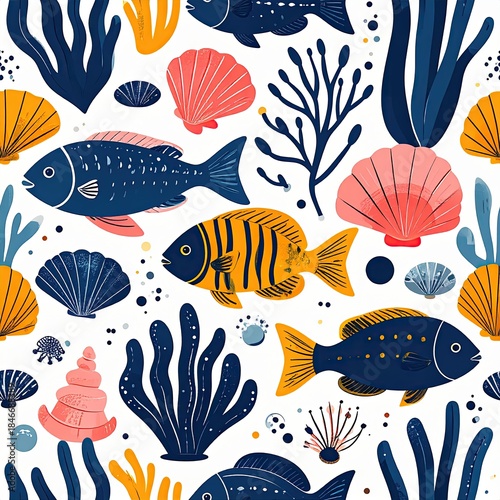 Colorful Seamless Pattern with Fish, Seaweed, and Shells on White Background