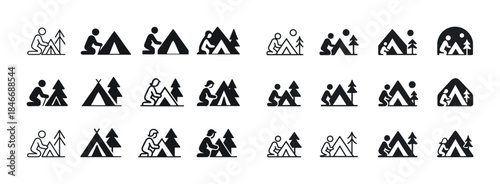 Minimalist camping icons: diverse tents and trees collection