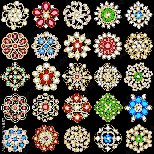 Illustration set of jewelry gold brooches, decorated with precious stones, vintage round mandala patterns, filigree jewelry pendants