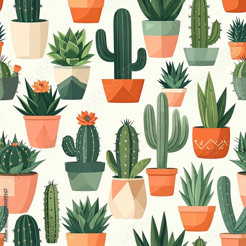 Seamless Pattern with Various Cacti and Succulents in Pots on White Background