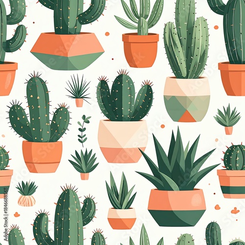 Seamless Pattern with Cacti and Succulents in Pots on Off-White Background