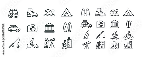 Outdoor adventure icons set: hiking, camping, swimming, surfing,