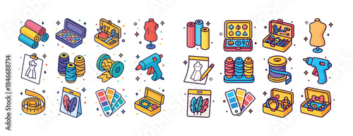 Colorful sewing and crafting supplies illustration with tools an