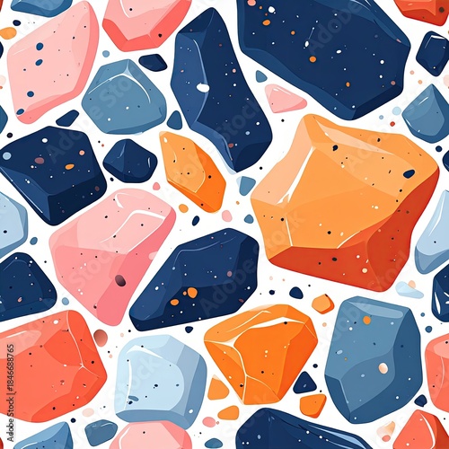 Seamless Terrazzo Pattern with Navy, Coral, Orange, and White Stone Fragments