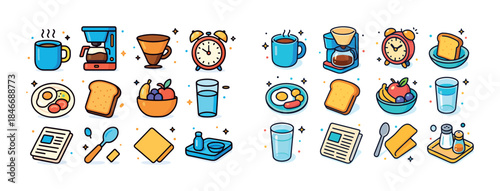 Colorful breakfast icons: coffee, toast, eggs, fruits, alarm clo