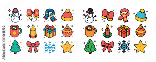 Colorful christmas icons: snowmen, trees, gifts, and stars