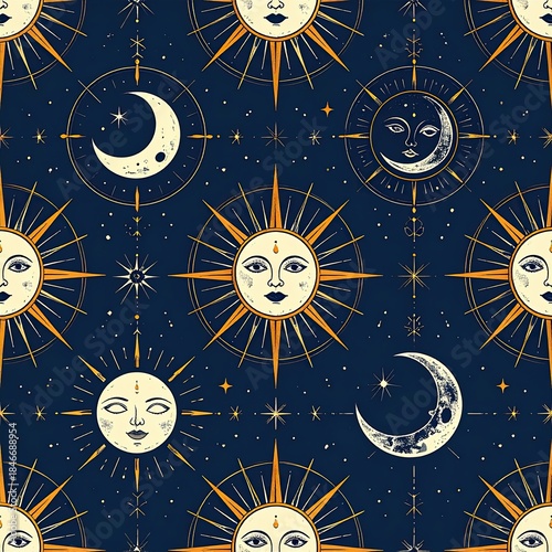 Seamless Celestial Pattern with Sun, Moon, Stars on Dark Blue Background