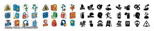 Colorful and black safety icons set for industrial and workplace