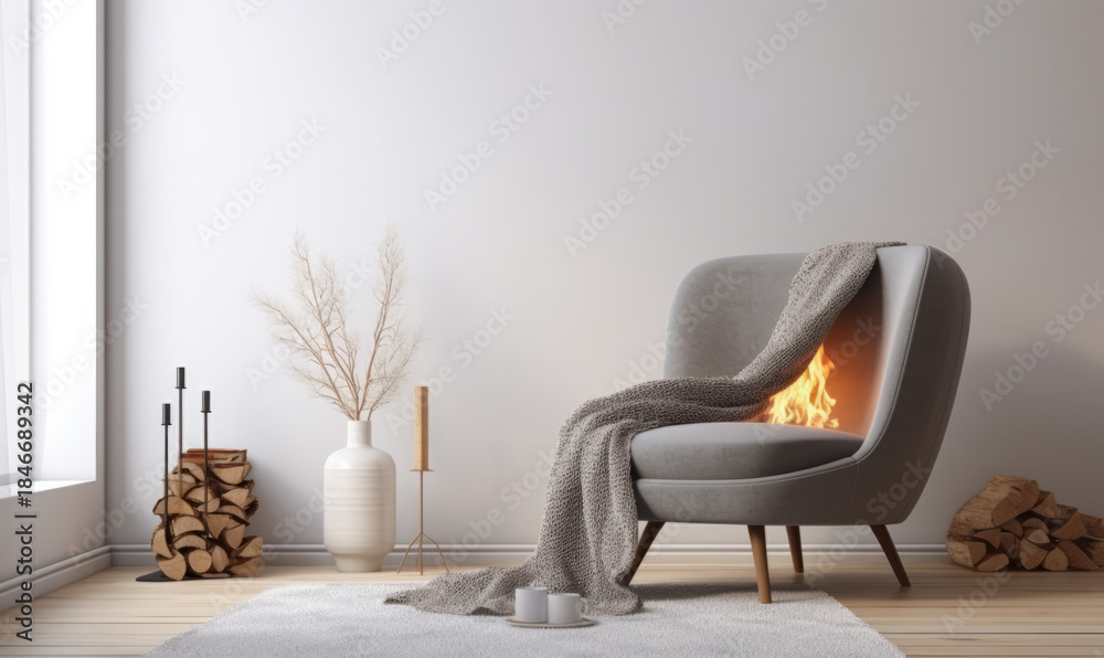 Obraz premium Scandinavian style home interior design with comfortable arm chair and fireplace