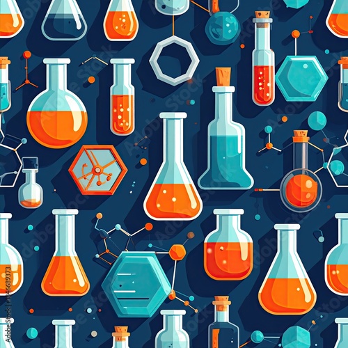 Colorful Chemistry Lab Equipment Seamless Pattern: Beakers, Test Tubes, Molecules