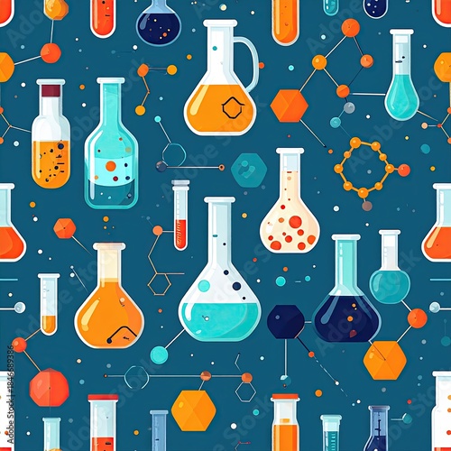 Colorful Chemistry Lab Equipment Seamless Pattern: Beakers, Test Tubes, Molecules