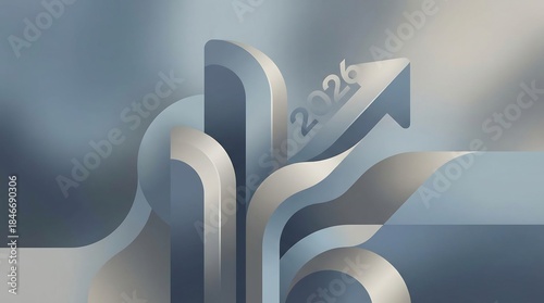 2026 Corporate Stability and Growth Concept: Abstract Geometric Background Art Featuring Curved Metallic 3D Shapes, Gradient Colors, and an Upward-Pointing Arrow Icon