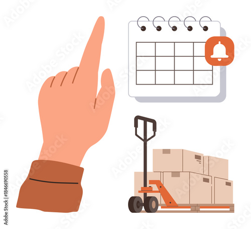 Hand signals toward a calendar with a notification sign, while a pallet truck carries boxes. Ideal for scheduling, logistics, planning, reminders, warehouse management, time tracking, and delivery