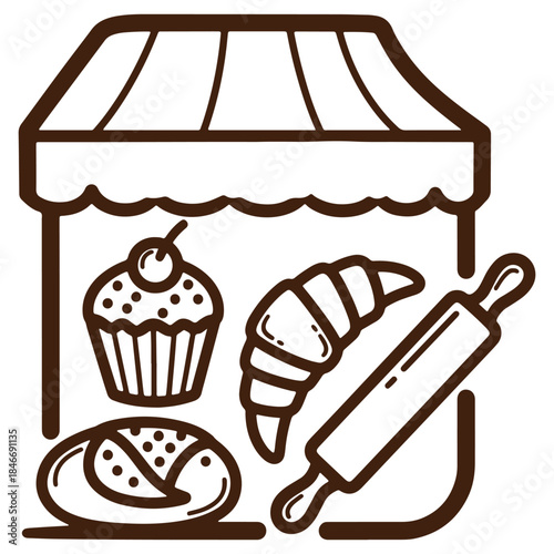 Bakery Shop Icon with Cupcake Croissant and Rolling Pin  Sweet Treats and Baking Tools