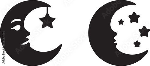 Moon silhouette or vector illustration, isolated black and white design of full, crescent, or partial moon for astronomy, night sky, and space concepts