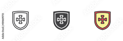 Shield with cross line outline solid icon set pack