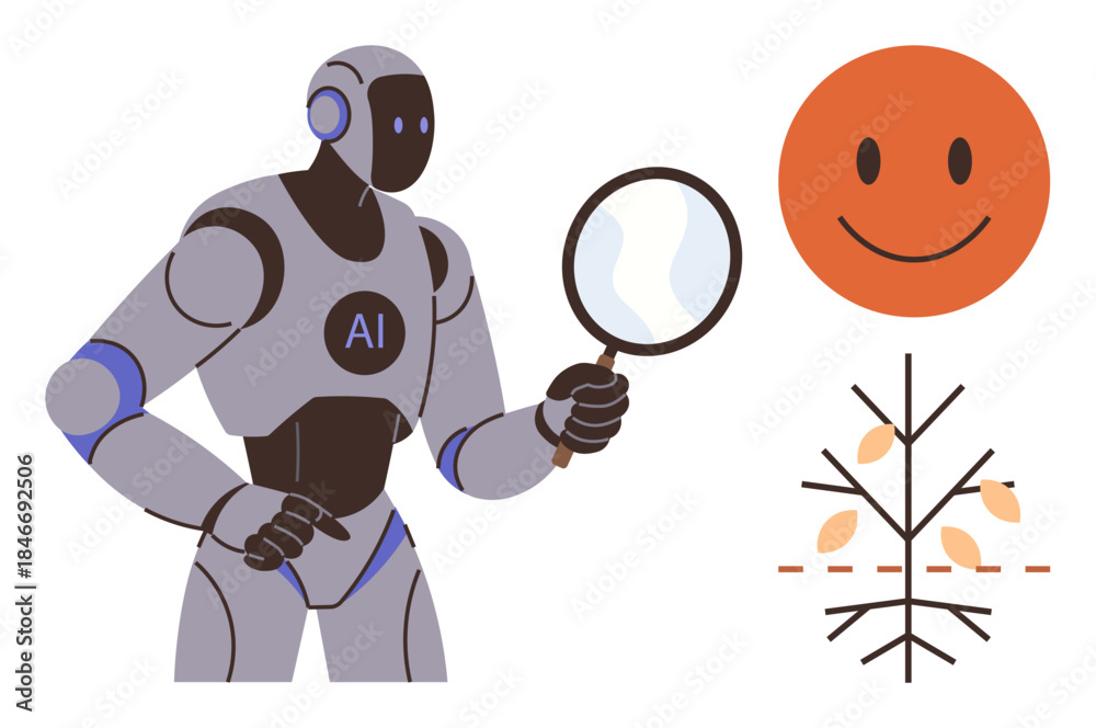 Fototapeta premium AI-powered robot examines a magnifying glass focused on progress, accompanied by a happy face and stylized tree graphic. Ideal for AI, innovation, analysis, environment, technology, growth, success